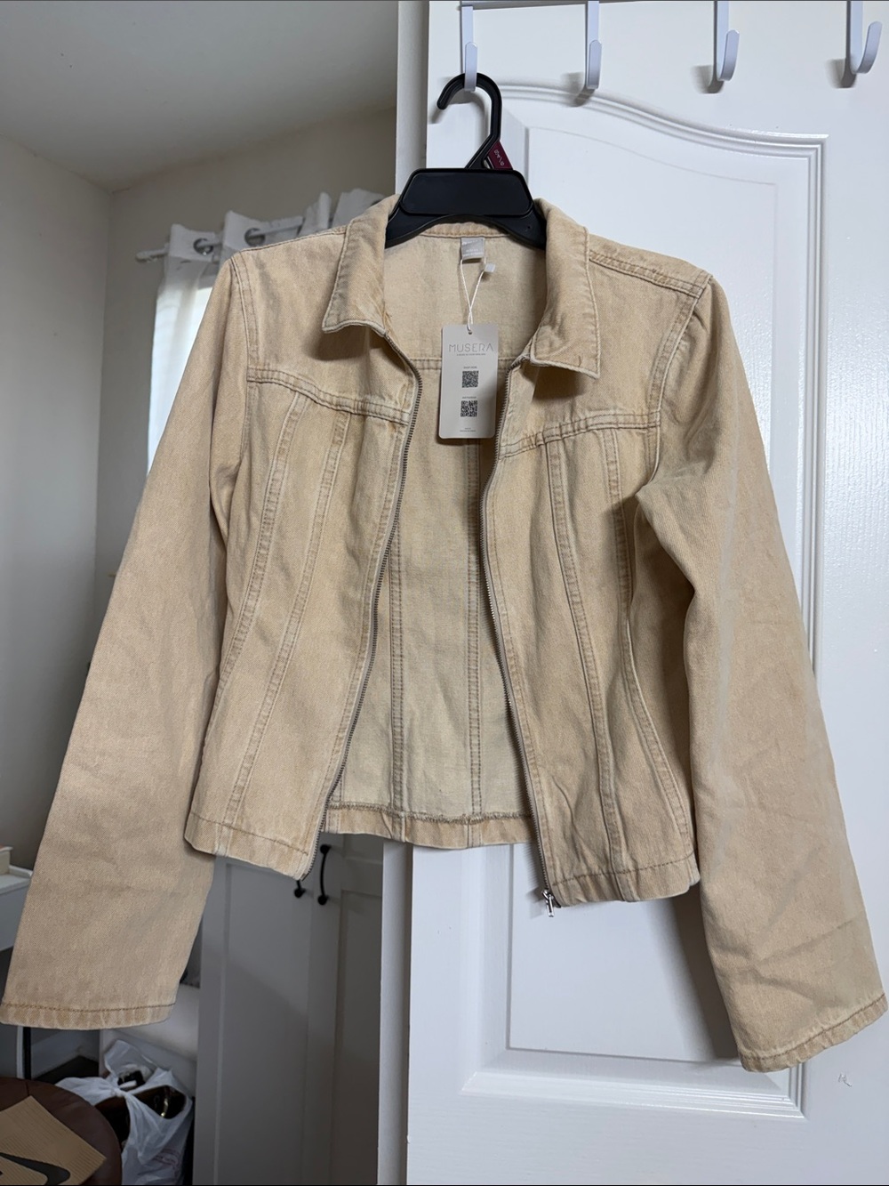 Beige Women's Denim Jacket - Casual Zip Front